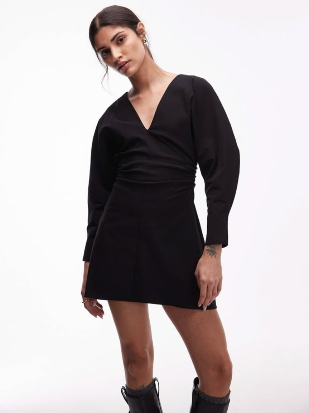 ASOS DESIGN V-neck Ruched Bengaline Mini Dress
